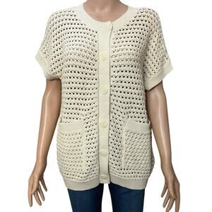 Varley Sidra Open Knit Cardigan Small Oversized Short Sleeve Button Down Beige
